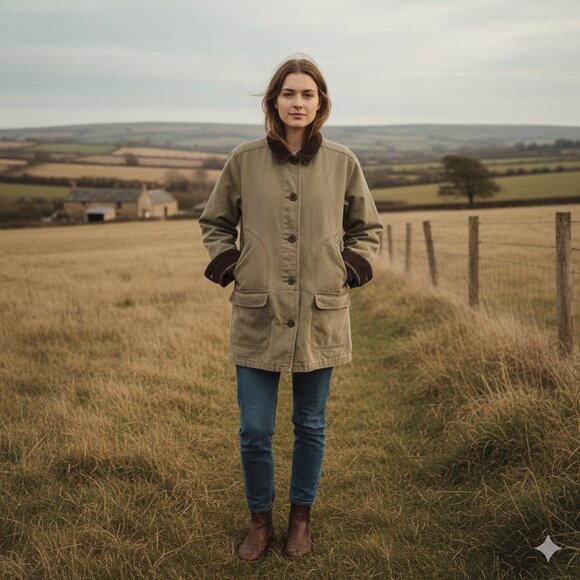 Lands' End Women's Medium Petite Khaki Green Plaid Lined Canvas Chore Coat - Picture 1 of 14